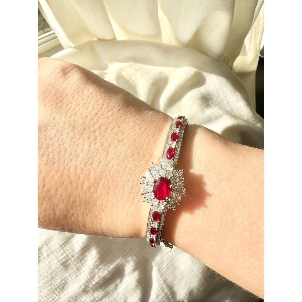 Ruby Red Cubic Zirconia Intricate Bangle Bracelet - image 7